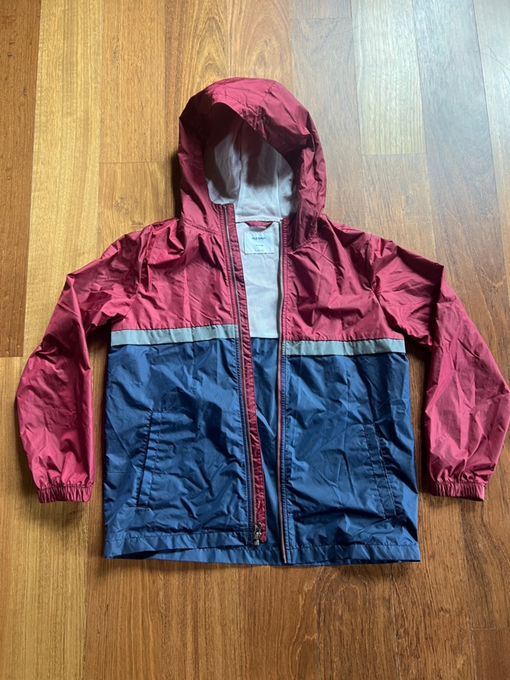 Old Navy Boys Two-Tone Hooded Windbreaker Rain Jacket - Red & Blue